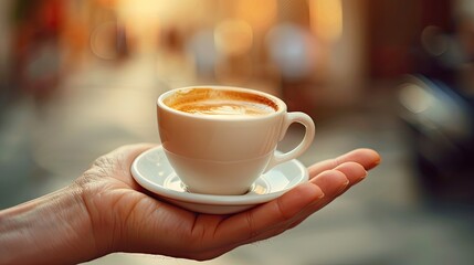 Obraz premium A person is holding a white coffee cup with a saucer. The cup is filled with coffee and has a small amount of foam on top