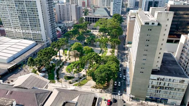 Curitiba in Brazil. Downtown street XV de Novembro. Rua das Flores. Touristic place, flowered street, historic downtown. Commerce, local people and tourists.
