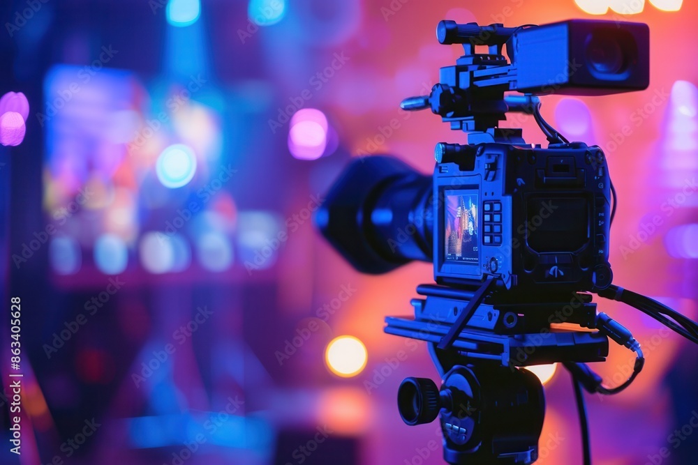 Fototapete A professional video camera is set up and recording a live event. The camera is positioned in front of a stage with bright stage lights. Generative AI