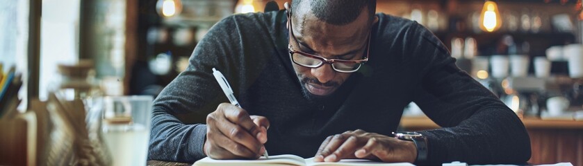 Man Writing in a Notebook at a Cafe.