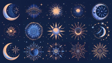 Celestial Sun and Moon Set - Gold and Blue Cosmic Pattern.