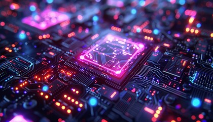 Obraz premium Quantum computing core, glowing qubits, futuristic lab, digital data streams, neon lights, high detail, 3D rendering, blue and purple hues, cyber elements