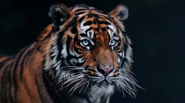 Close-up of a tiger's face emerging from darkness. Piercing amber eyes fixate on the viewer. 