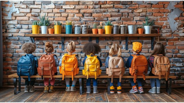 Children Sitting On Bench With Backpacks In Front Of Brick Wall - Powered by Adobe