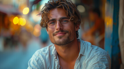Fototapeta premium Fashion male model sitting and smiling