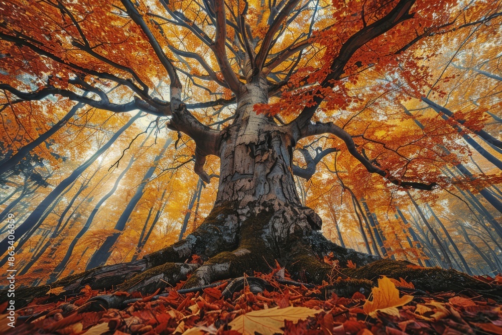 Poster a large tree with orange leaves is the main focus of the image. the tree is surrounded by a forest, 