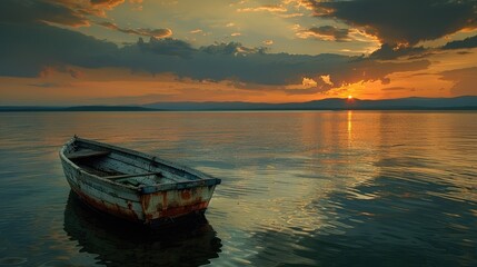 A small boat is floating on a lake at sunset. The sky is filled with clouds and the sun is setting