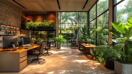 Fototapeta premium Modern Office Interior With Large Windows and Lush Greenery