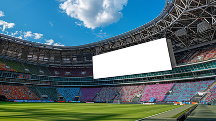 Vast sports complex with a large screen for personalized media insertion.