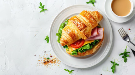 delicious breakfast croissant sandwich with ham cheese tomato on white plate coffee cup top view morning meal concept