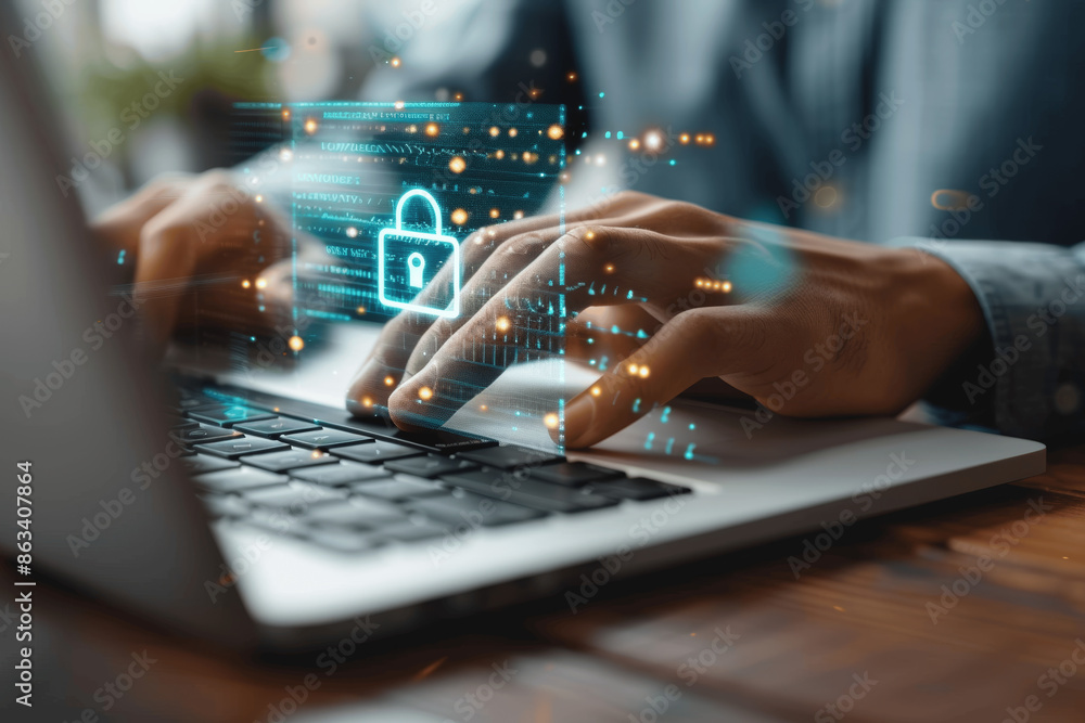 Poster man typing on laptop with padlock icon representing security data protection cyber technology online