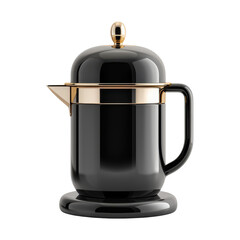Obraz premium Black and gold coffee pot with a glass insert for brewing coffee. The pot is isolated on a black background.