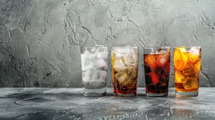 refreshing cold drinks lineup on textured background  ideal for summer beverage promotions