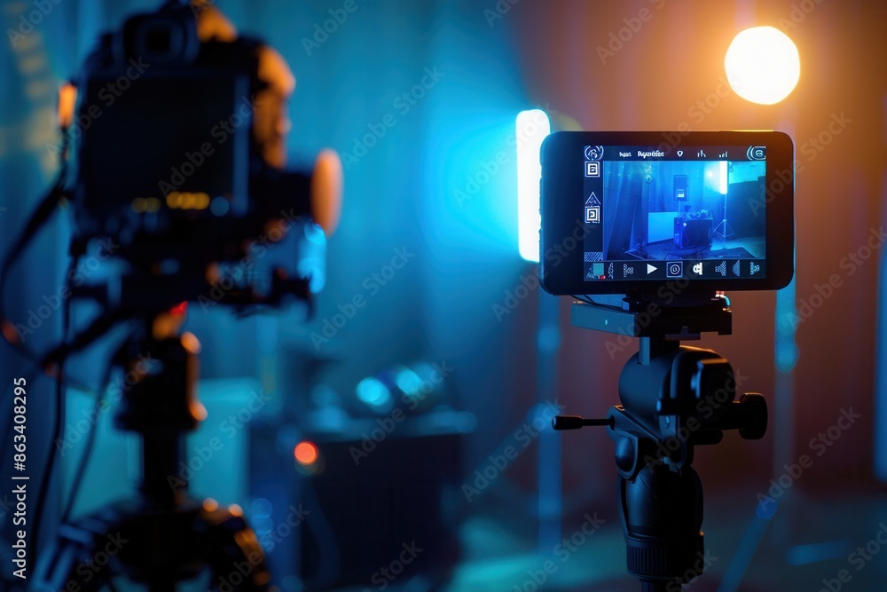 Fototapete a close-up shot of a camera screen displaying video streaming in a vibrant, dynamic studio environme