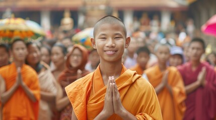 A young boy wearing an orange robe is smiling and praying in front of a crowd of people. Concept of peace and spirituality, as the boy is surrounded by others who are also participating in the prayer