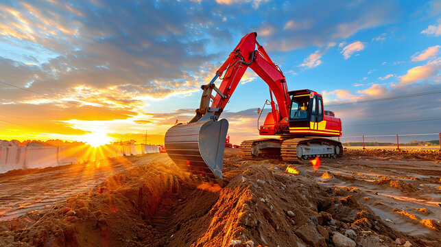 Excavator during road work at the construction site