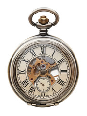 A vintage pocket watch with Roman numerals, intricate gears, and a chain attached to the top.