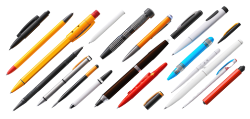 Colorful pens and markers arranged in a chaotic pattern.