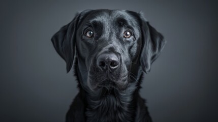 Black labrador retriever's intense gaze, head shot, dark grey backdrop, vivid details, soft light accents, elegant composition