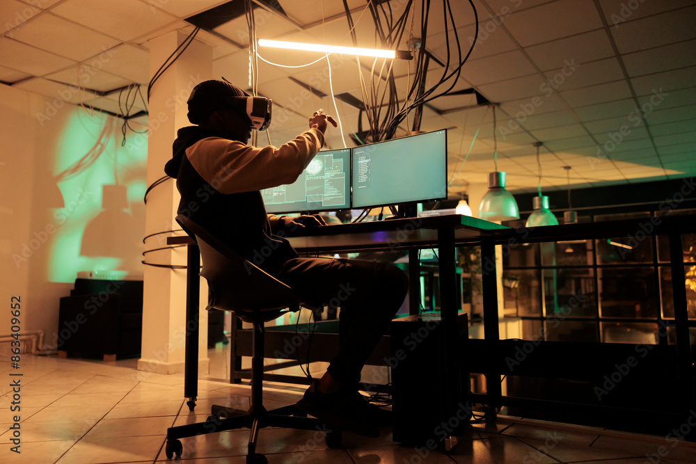 Poster online criminal using multi monitors and vr glasses to crack encryption and steal passwords. man try