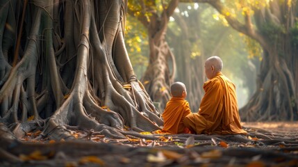Two monks sit under a large tree, one of them is a child. The scene is peaceful and serene, with the monks sitting on the ground and the tree providing a sense of shelter and protection