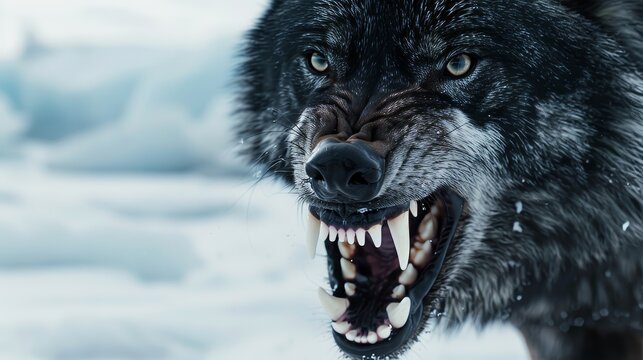 Close-up of a black wolf's snarling face, sharp fangs visible, with a backdrop of North Pole's snow-covered expanse