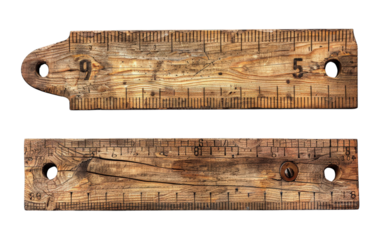 Two weathered wooden rulers with markings and holes.