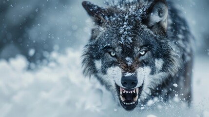 Naklejka premium Intense close-up of a snarling black wolf, fierce eyes glowing, amidst a snowstorm in the North Pole