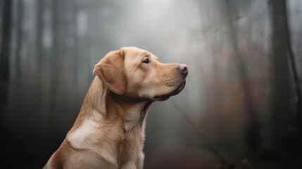 Intense portrait of a yellow-brown Labrador Retriever, head turned slightly, set in a haunting dark forest with mist swirling around, adding an ethereal quality