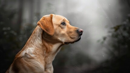Intense portrait of a yellow-brown Labrador Retriever, head turned slightly, set in a haunting dark forest with mist swirling around, adding an ethereal quality