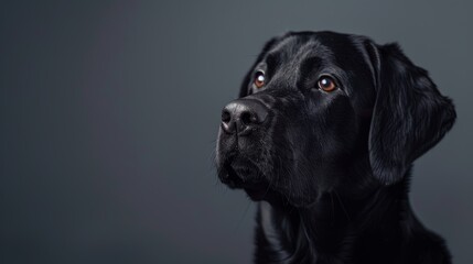 Elegant black labrador retriever, head shot, dark grey backdrop, sharp details, focused expression, subtle lighting