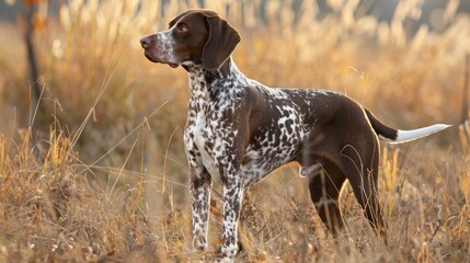 German Shorthaired Pointer dog hunting in a sunlit dry grass field, highlighting the muscular build and attentive gaze, side view