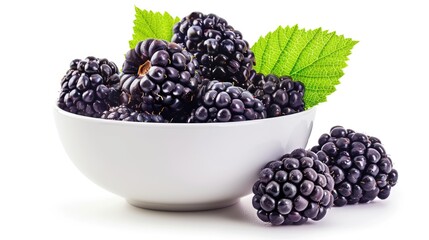 Close up image of a blackberry in a bowl with a leaf isolated on a white background