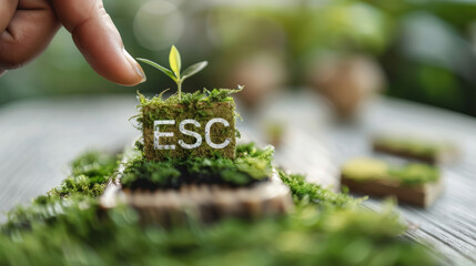 Hand touching green sprout on ESC key with moss, symbolizing eco-friendly technology and sustainable growth concept.