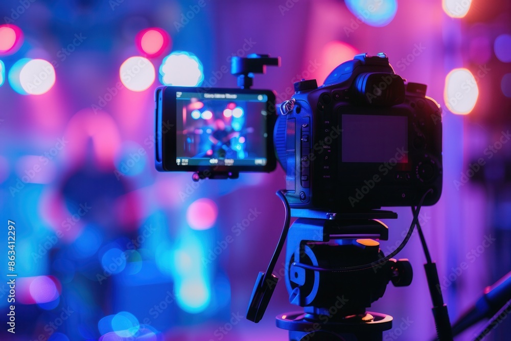Poster A professional camera on a tripod captures a live performance, showcasing a vibrant stage with dynamic lighting. Generative AI