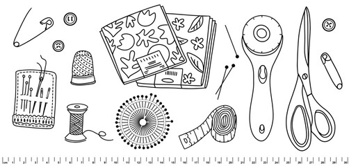 Set of quilting tools and materials. Fat quarters, scissors, pins, thread and rotary cutter, buttons, tape measure. Sewing, quilting hobby. Hand drawn doodles