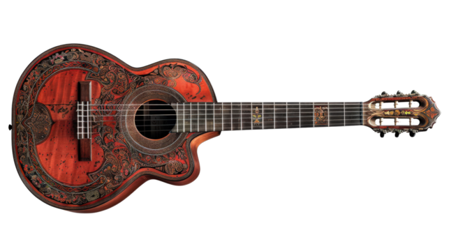 An intricately carved acoustic guitar with a reddish-brown finish, featuring ornate details on the body and headstock.