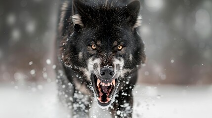 Naklejka premium Snarling black wolf in a dramatic close-up, frosty breath visible in the cold air, set in the snowy North Pole