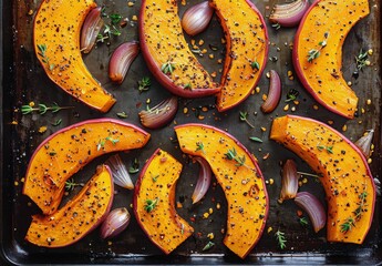 Roasted Pumpkin Slices With Herbs and Spices on a Baking Sheet