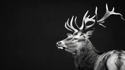 Majestic stag with impressive antlers, detailed texture on fur, set against a sharp black and white background