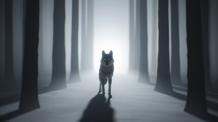 Obraz premium Majestic wolf on a foggy forest trail, mist enveloping the surroundings, dark, tall trees casting long shadows, creating a sense of solitude