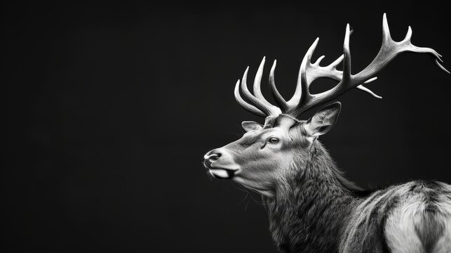 Majestic stag with impressive antlers, detailed texture on fur, set against a sharp black and white background