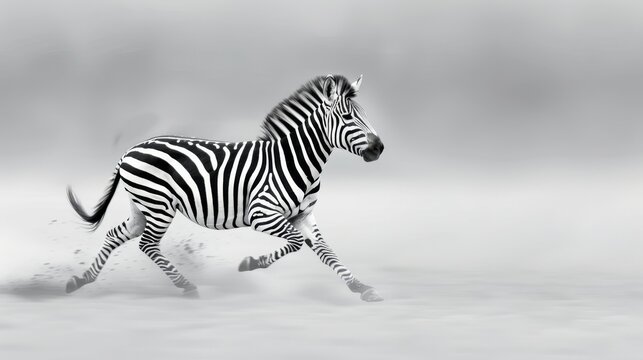 Majestic zebra stallion running freely across an African meadow, striking black & white photograph, dynamic movement
