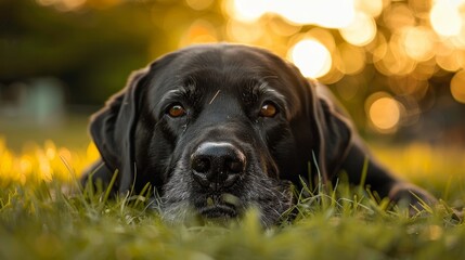 Senior black Labrador Retriever laying on grass, golden hour lighting, capturing the calmness of a summer evening, subtle bokeh in the background
