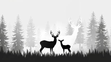 Serene misty forest featuring a deer, doe, and fawn with detailed antlers, black and white silhouettes among towering coniferous trees