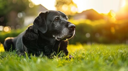 Senior black Labrador Retriever laying on grass, golden hour lighting, capturing the calmness of a summer evening, subtle bokeh in the background