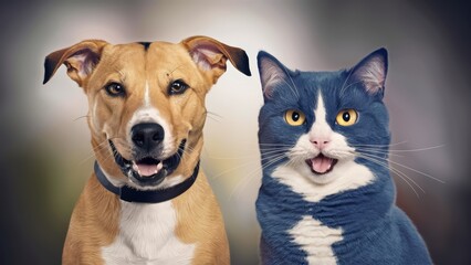 A close up of a dog and cat standing next to each other, AI