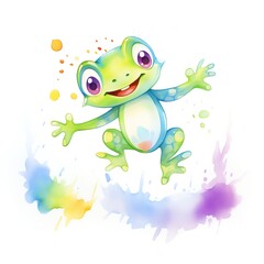 Colorful cartoon frog leaping joyfully, surrounded by vibrant splashes of paint on a white background. Perfect for kids' designs.