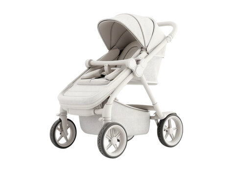 White baby stroller isolated on white background.  Modern design with canopy and basket.