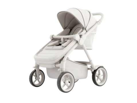 White baby stroller isolated on white background.  Modern design with canopy and basket.